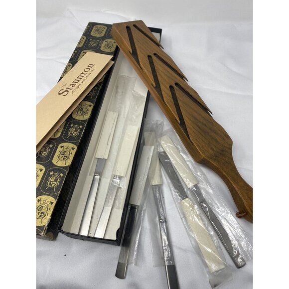 Vintage Staunton 6 Pc Steak Knife Set With Oak & Leather Stropper New - Picture 1 of 10